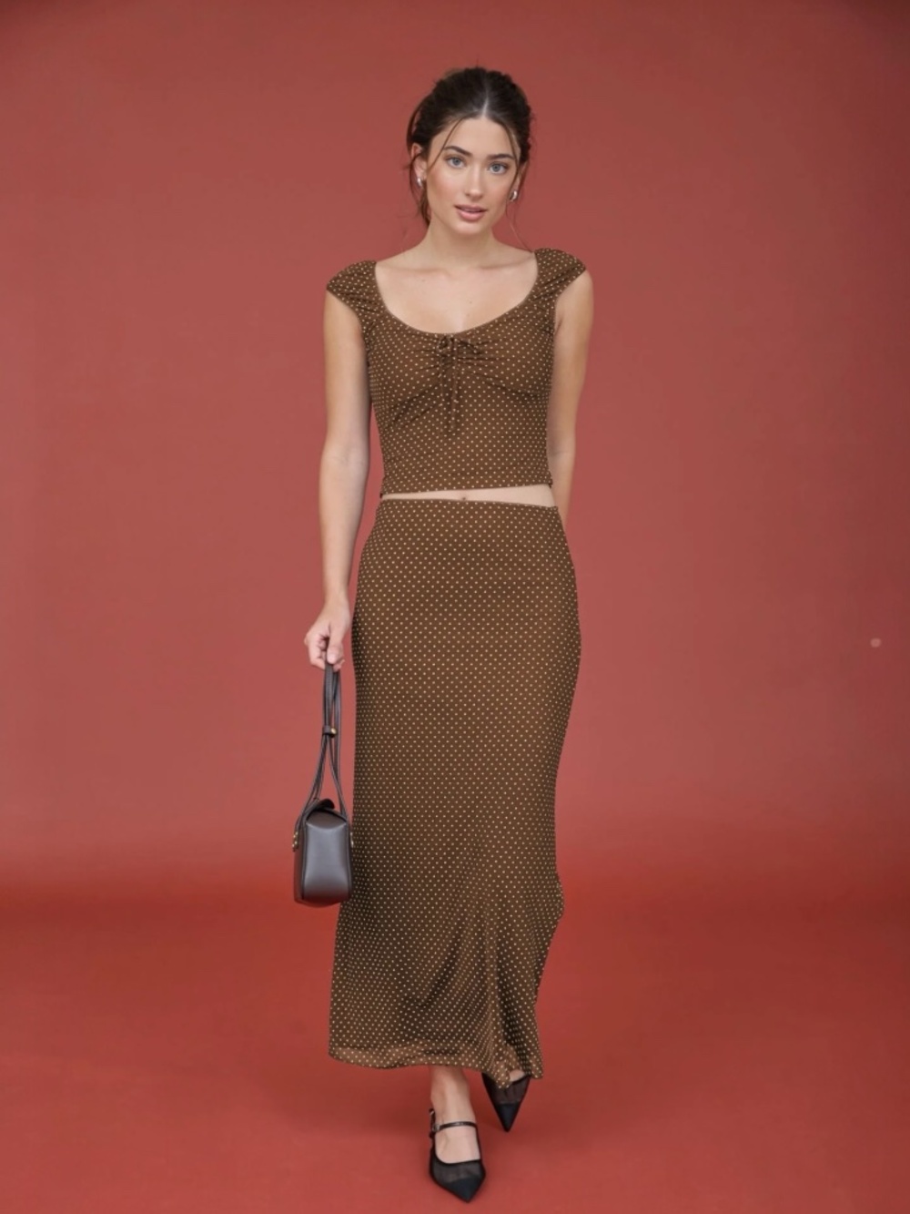 Studio Brown and White Polka Dot Maxi Skirt Set in Brown Mesh